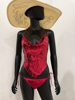Oséree Red Sequin Bikini Set S | Glitter Metallic Swim | Vegas Pool Party Ibiza